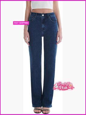 High Waisted Straight Leg Stretchy Jeans Trendy Wide Leg Denim Pants with Deep
